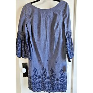 NWT Eliza J blue chambray embroidered 3/4‎ bell sleeve boat neck lined dressSz 4